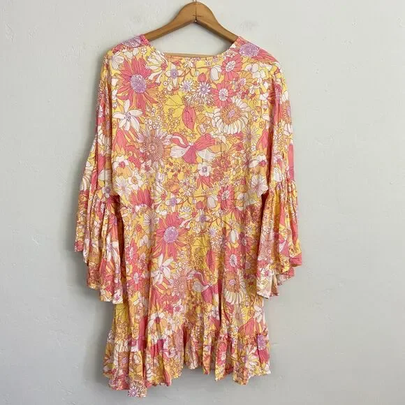 Label of Love Mini Dress Women Size Medium Pink Floral Babydoll Bell Sleeves New - Picture 11 of 16